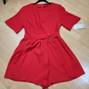 NWT Zara Red Playsuit Romper Cinch Belt Pockets Size Large